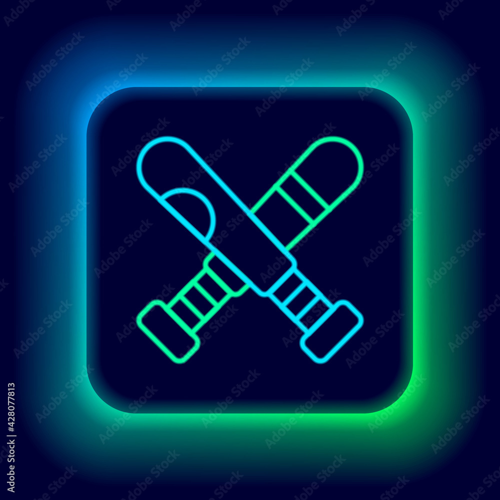 Glowing neon line Crossed baseball bat icon isolated on black background. Colorful outline concept. Vector Glowing neon line Crossed baseball bat icon isolated on black background. Colorful outline concept. Vector