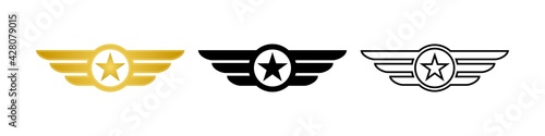 Wing with star icon. Military badge. Army wings symbol. Wings army collection signs. Stock vector