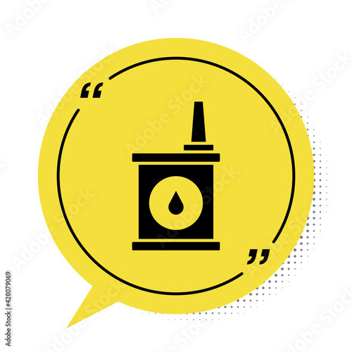 Black Canister for motor machine oil icon isolated on white background. Oil gallon. Oil change service and repair. Yellow speech bubble symbol. Vector