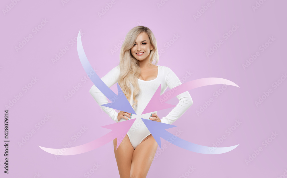 Young, beautiful, fit and natural blond woman in white swimsuit with arrows above. Fitness, skin care, diet, nutrition and weight loss. Young, beautiful, fit and natural blond woman in white swimsuit with arrows above. Fitness, skin care, diet, nutrition and weight loss.