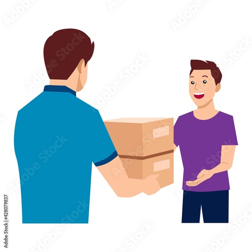 Courier man delivery parcel consumer. Vector flat illustration