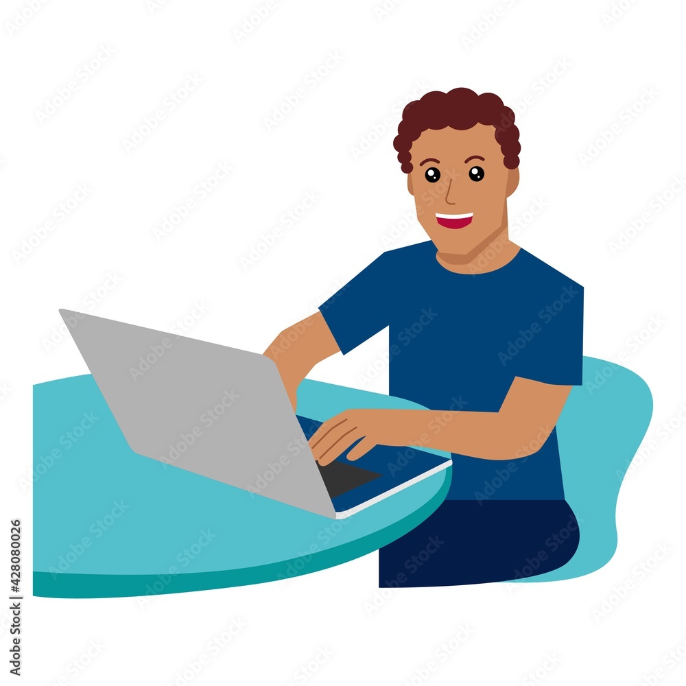 Man at his desk is working on the laptop computer. Vector flat illustration