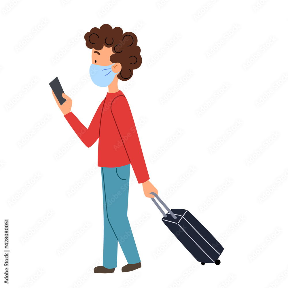a man with a suitcase in a mask is waiting for his transport, a plane. a man with a suitcase in a mask is waiting for his transport, a plane.
