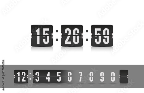 Vector coming soon web page design template with flip time counter. Scoreboard number floating font isolated on white. Vector illustration template.