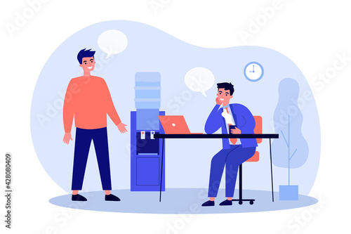 Two cartoon men communicating in office flat vector illustration. Office worker and chief or businessman talking to customer. Discussing, service, management concept for banner design or landing page
