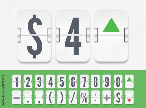 White analog flip airport board for countdown timer. Stock exchange vector mechanic board. Flip number and symbol scoreboard on White background.