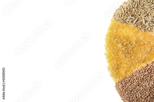Heap of different cereals on white background photo