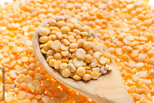 Spoon with split peas, closeup