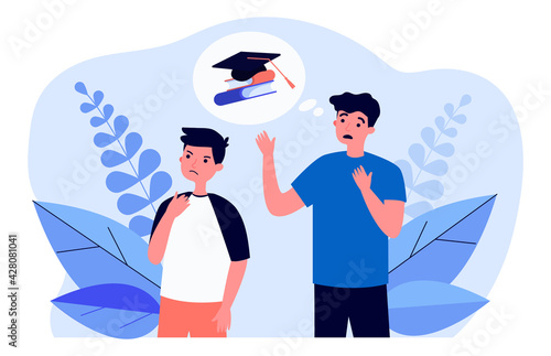 Cartoon father worrying about son studying at school. Flat vector illustration. Dad thinking about importance of education to his dissatisfied son. School, family relationship, conflict concept