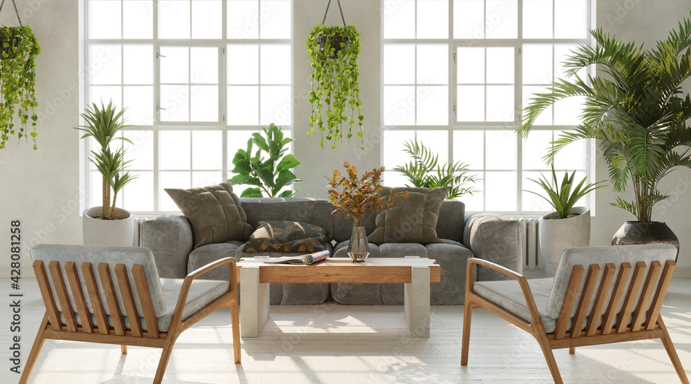 Obraz premium Bright Living room wiht large windows and lots of plants, inustrial style, 3d render