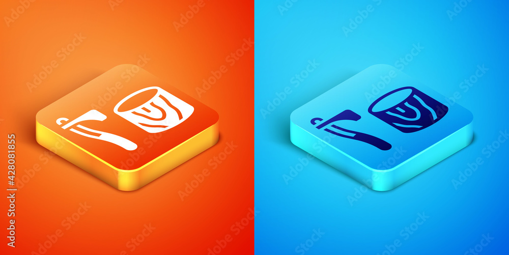 Isometric Wooden axe in stump icon isolated on orange and blue background. Lumberjack axe. Axe stuck in wood. Chopping wood. Vector Isometric Wooden axe in stump icon isolated on orange and blue background. Lumberjack axe. Axe stuck in wood. Chopping wood. Vector
