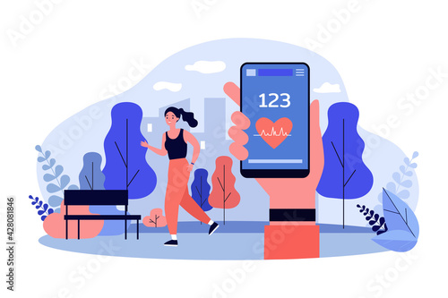 Cartoon girl jogging with activity tracker in city park. Flat vector illustration. Young woman running outdoors using smart fitness tracker. Healthy lifestyle, modern technology, sport concept