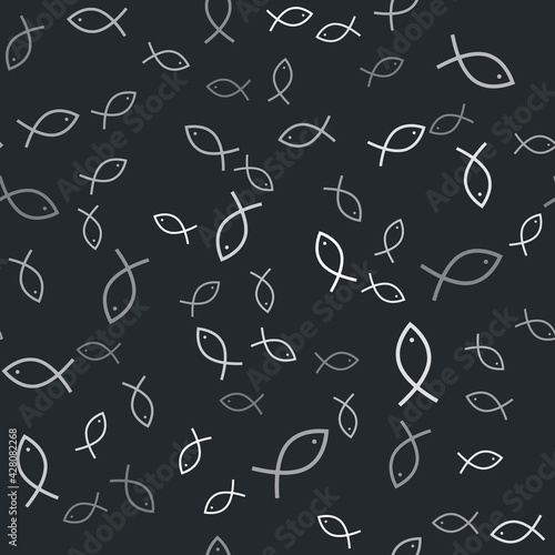 Grey Christian fish symbol icon isolated seamless pattern on black background. Jesus fish symbol. Vector