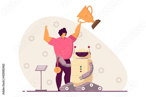 Child winning programming competition with electronic robot. Flat vector illustration. Young engineer getting prizes for robotic science project. Robotics, science, technology competition concept