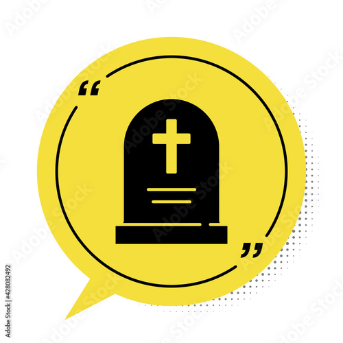 Black Tombstone with cross icon isolated on white background. Grave icon. Happy Halloween party. Yellow speech bubble symbol. Vector