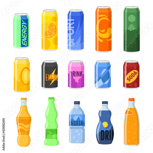 Drinks in cans and plastic bottles vector illustrations set. Collection of soft, energy and fizzy drinks, soda, water, juice, lemonade, isolated on white background. Beverage, food concept