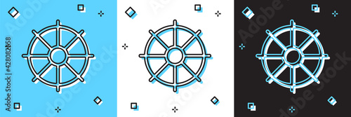 Set Dharma wheel icon isolated on blue and white, black background. Buddhism religion sign. Dharmachakra symbol. Vector