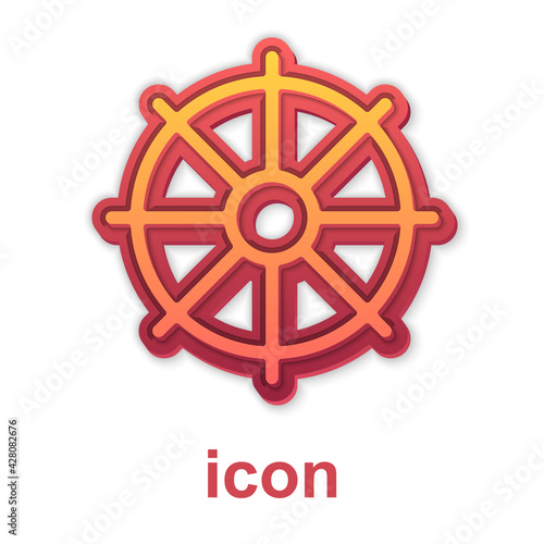 Gold Dharma wheel icon isolated on white background. Buddhism religion sign. Dharmachakra symbol. Vector