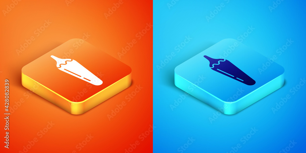 Isometric Hot chili pepper pod icon isolated on orange and blue background. Design for grocery, culinary products, seasoning and spice package, cooking book. Vector Isometric Hot chili pepper pod icon isolated on orange and blue background. Design for grocery, culinary products, seasoning and spice package, cooking book. Vector