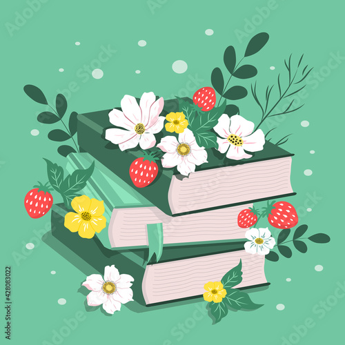 vector hand drawn illustration - a stack of books and flowers and strawberries in green colors. summer mood. flat trending illustration for greeting card, flyers, magazines, websites and apps