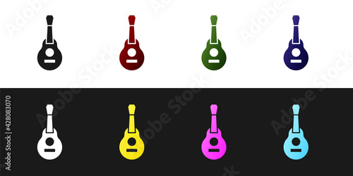 Set Mexican guitar icon isolated on black and white background. Acoustic guitar. String musical instrument. Vector