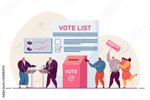 Political debates and voting, balloting citizens. Flat vector illustration. Holding election or referendum campaign, making civic choice or opinion. Voting, constitution, politics, democracy concept