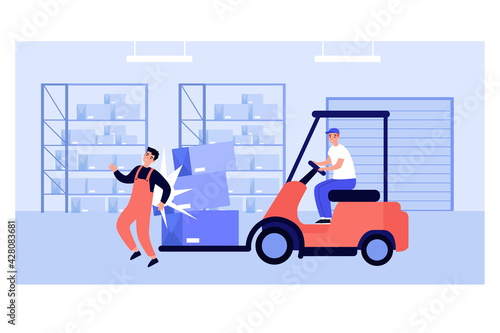 Factory worker getting injured in warehouse. Man on forklift truck causing accident flat vector illustration. Compensation, risk insurance concept for banner, website design or landing web page