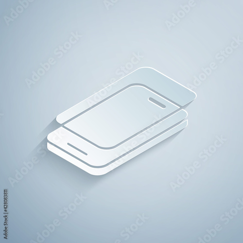 Paper cut Glass screen protector for smartphone icon isolated on grey background. Protective film for glass. Transparent soft glass for mobile phone. Paper art style. Vector