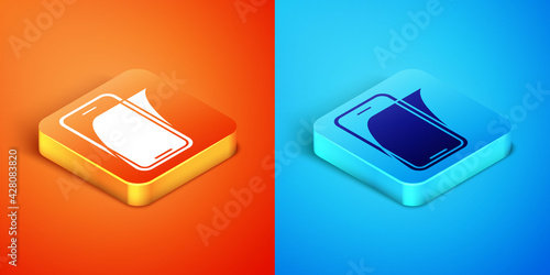 Isometric Glass screen protector for smartphone icon isolated on orange and blue background. Protective film for glass. Transparent soft glass for mobile phone. Vector
