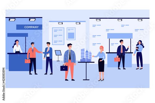Businessmen talking to visitors at business exhibition. People at expo center showing products flat vector illustration. Marketing, presentation concept for banner, website design or landing web page