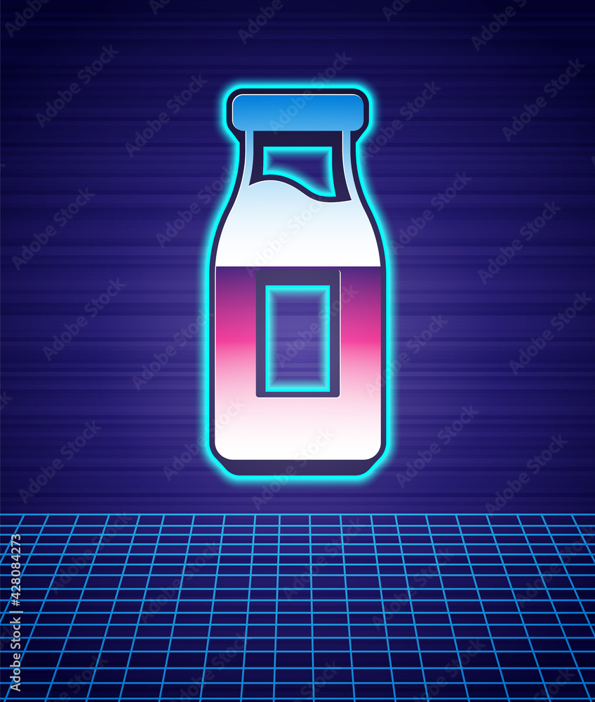 Retro style Closed glass bottle with milk icon isolated futuristic landscape background. 80s fashion party. Vector Retro style Closed glass bottle with milk icon isolated futuristic landscape background. 80s fashion party. Vector
