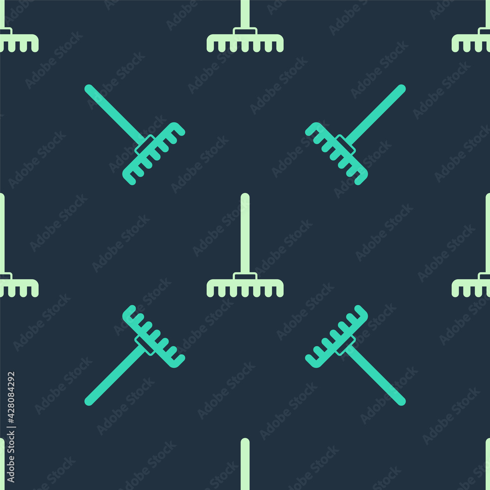 Green and beige Garden rake icon isolated seamless pattern on blue background. Tool for horticulture, agriculture, farming. Ground cultivator. Housekeeping equipment. Vector Green and beige Garden rake icon isolated seamless pattern on blue background. Tool for horticulture, agriculture, farming. Ground cultivator. Housekeeping equipment. Vector