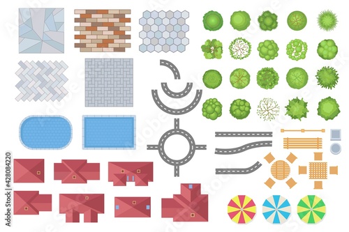 Top view of city or park elements vector illustrations set. Collection of trees, roads, buildings, fences, tiles from above for map or plan isolated on white background. Landscape, cityscape concept