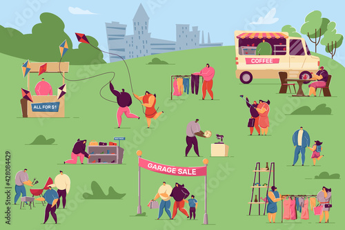 Tiny people taking rest at garage sale in city park. Flat vector illustration. Summer fair or festival event with sellers, crowd of citizens. Family marketplace, business community, selling concept