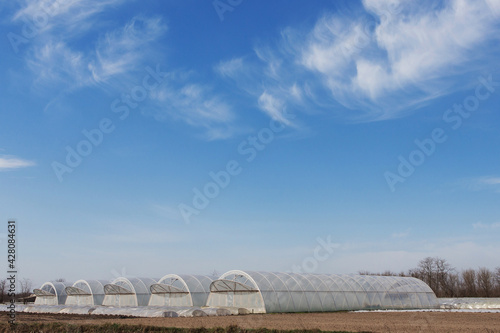 five large greenhouses in a row and a blue sky with a large cloud,