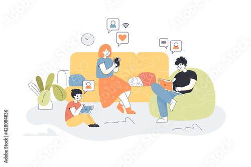 Family using mobile technology. Adults and kid addicted to phone, tablet, laptop flat vector illustration. Social media, communication, Internet concept for banner, website design or landing web page