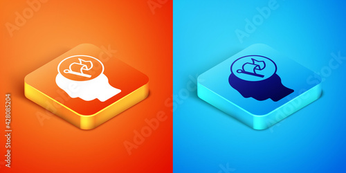 Isometric Hand holding flag icon isolated on orange and blue background. Victory, winning and conquer adversity concept. Vector