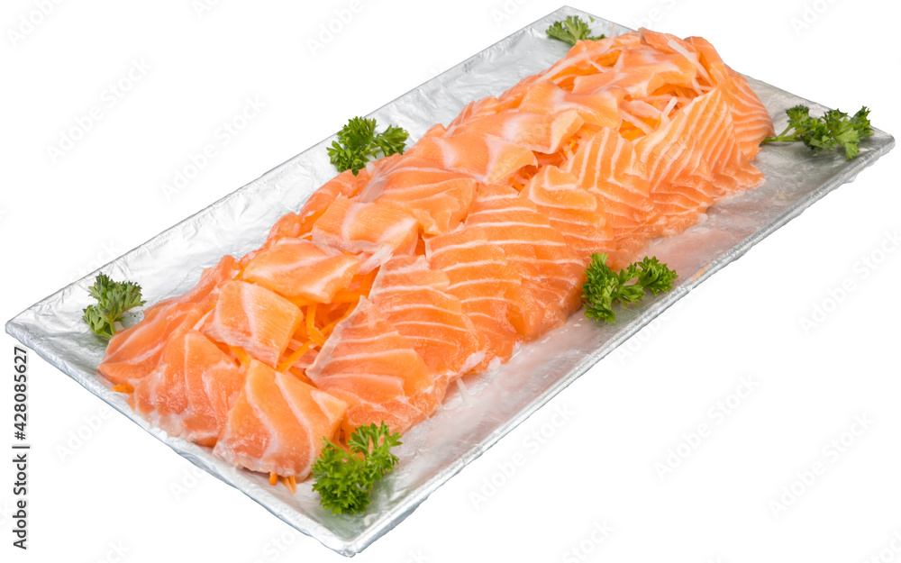 Sliced salmon with rosemary on the wood background