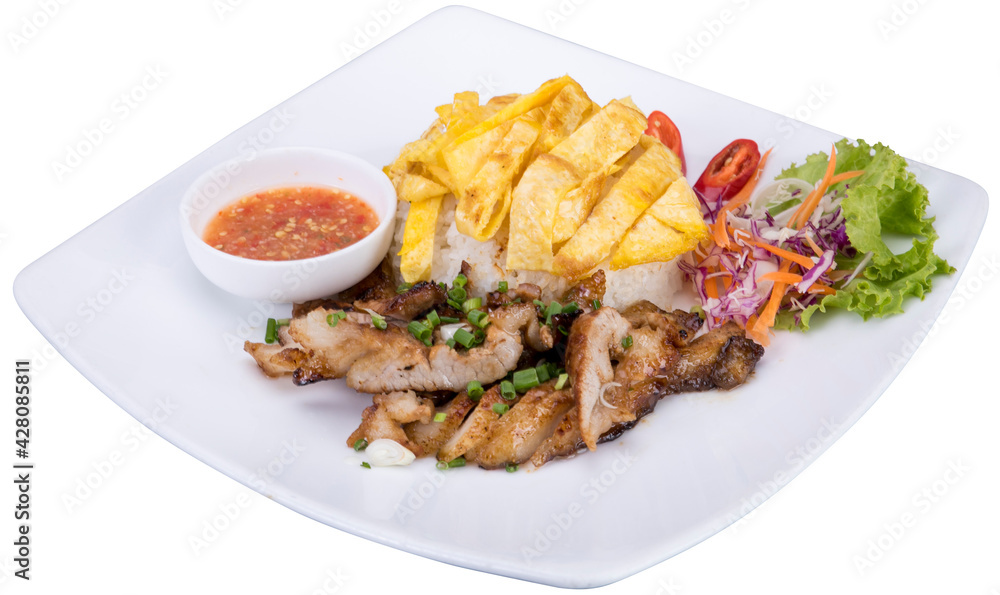 Grilled Pork Rice with Egg Shake. White plate and white background.