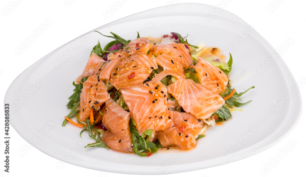 Vegetable salad with smoked salmon (Salad sauce). White plate and white background.