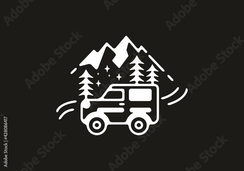 White on black background line art of mountain off road