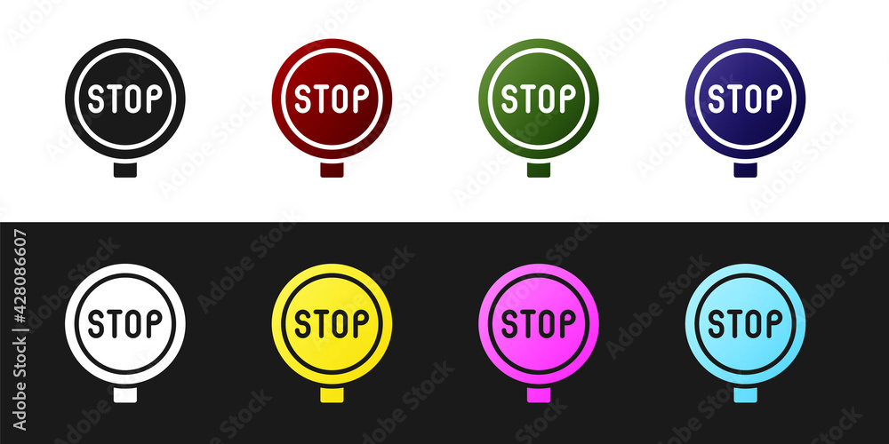 Set Stop sign icon isolated on black and white background. Traffic regulatory warning stop symbol. Vector Set Stop sign icon isolated on black and white background. Traffic regulatory warning stop symbol. Vector