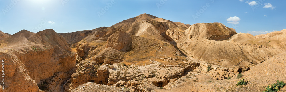 Panorama of the gorge of the dried riverbed of the OG river near the Dead Sea