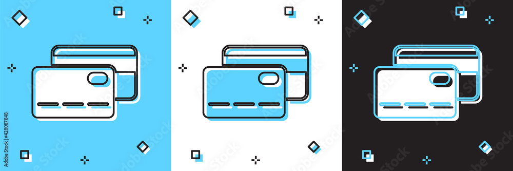 Set Credit card icon isolated on blue and white, black background. Online payment. Cash withdrawal. Financial operations. Shopping sign. Vector Set Credit card icon isolated on blue and white, black background. Online payment. Cash withdrawal. Financial operations. Shopping sign. Vector