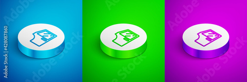 Isometric line Car door icon isolated on blue,green and purple background. White circle button. Vector