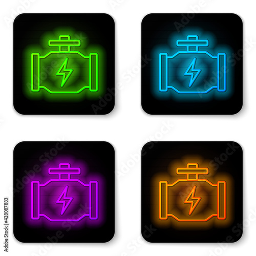Glowing neon line Check engine icon isolated on white background. Black square button. Vector