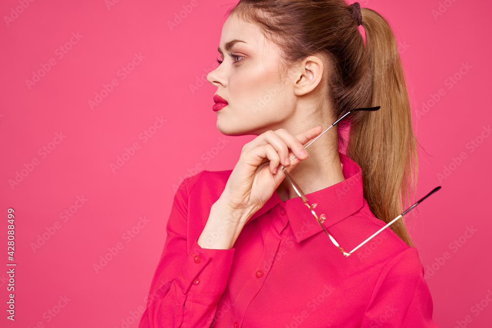 glamorous woman shirt black glasses cropped view pink background glamorous woman shirt black glasses cropped view pink background