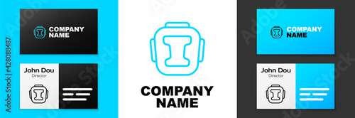 Blue line Boxing helmet icon isolated on white background. Logo design template element. Vector