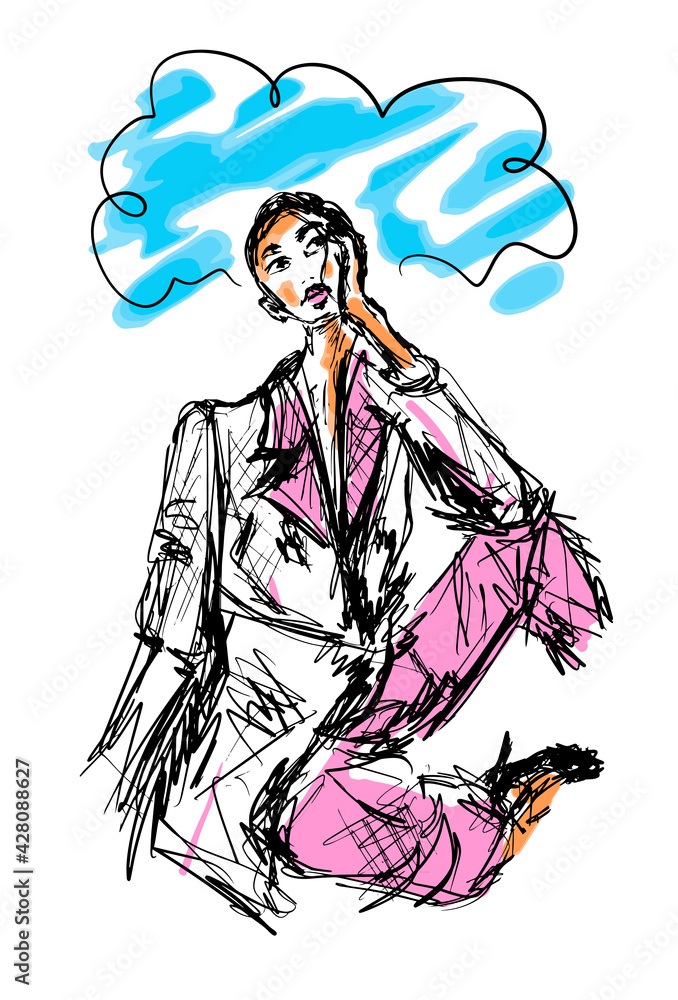 Sketch hand drawn portrait of a burnout at work woman looking up dreaming about vacation with speech bubble eps10 vector illustration isolated on white background. Sketch hand drawn portrait of a burnout at work woman looking up dreaming about vacation with speech bubble eps10 vector illustration isolated on white background.