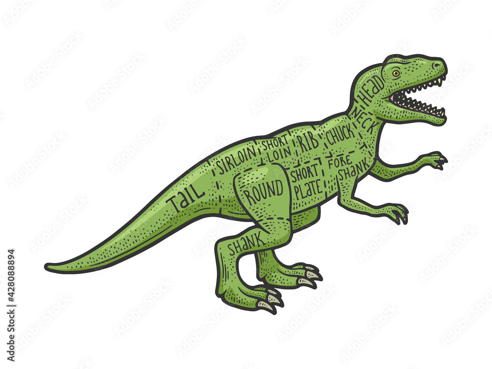 Dinosaur meat scheme Cut of beef color sketch engraving vector illustration. T-shirt apparel print design. Scratch board imitation. Black and white hand drawn image. Dinosaur meat scheme Cut of beef color sketch engraving vector illustration. T-shirt apparel print design. Scratch board imitation. Black and white hand drawn image.